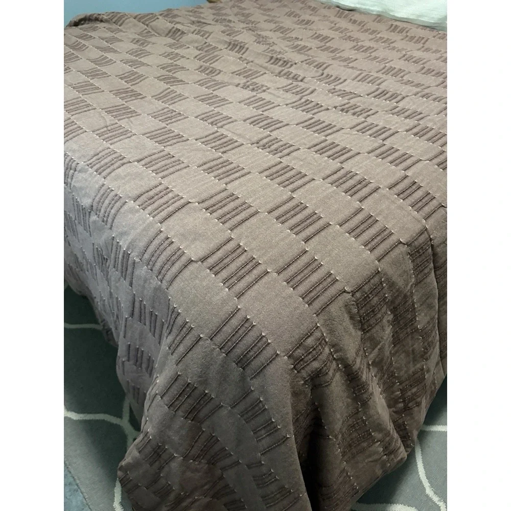 Dansk Full Queen Duvet Cover & 2 Shams Cocoa Brown Cotton Textured Grid VTG